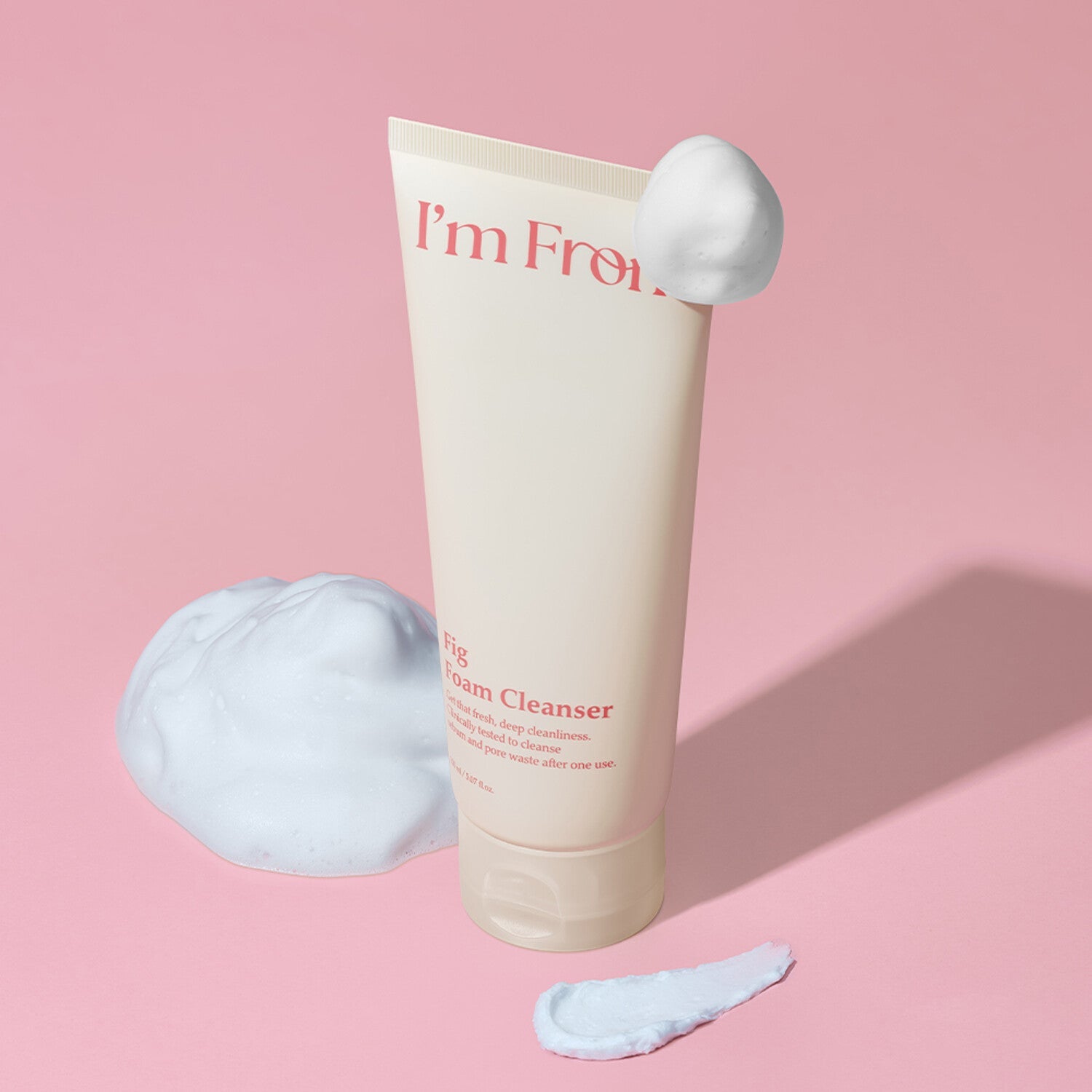I'M FROM Fig Foam Cleanser 150ml in a pink background with foam and cream textures.