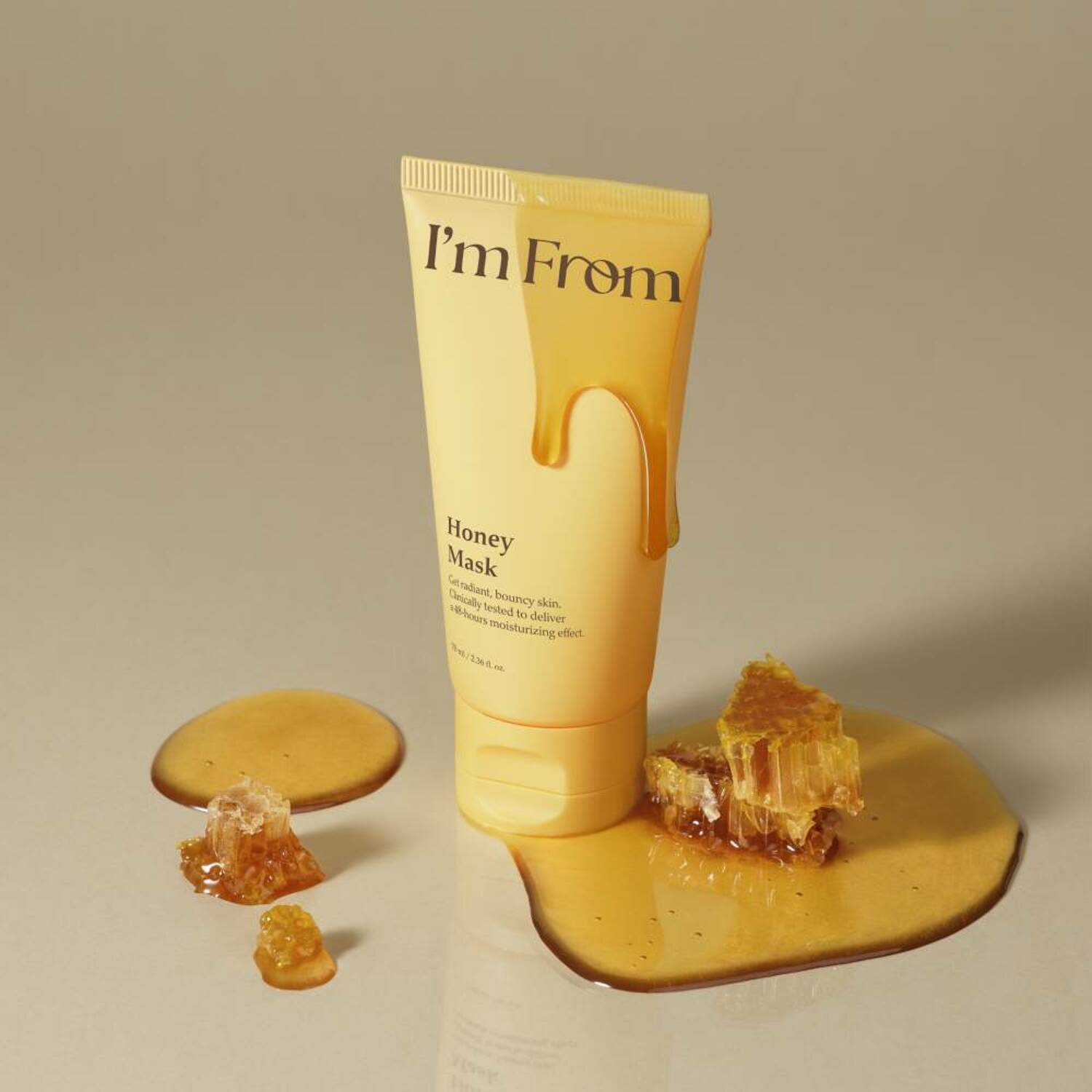 I'M FROM Honey Mask 70ml with honeycomb and honey spill. Luxurious skincare for radiant, hydrated skin.