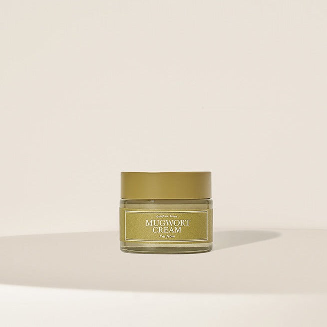 I'M FROM Mugwort Cream 50ml in a glass jar with a golden lid on a neutral background.
