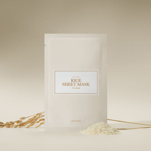 I'M FROM Rice Sheet Mask packaging displayed with rice grains for a natural skincare highlight.