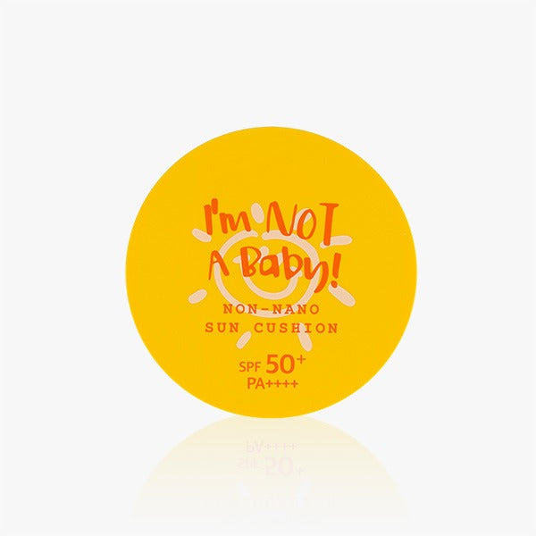I'M NOT BABY Non-Nano Sun Cushion 25g SPF50+ PA++++ displayed on a reflective surface.