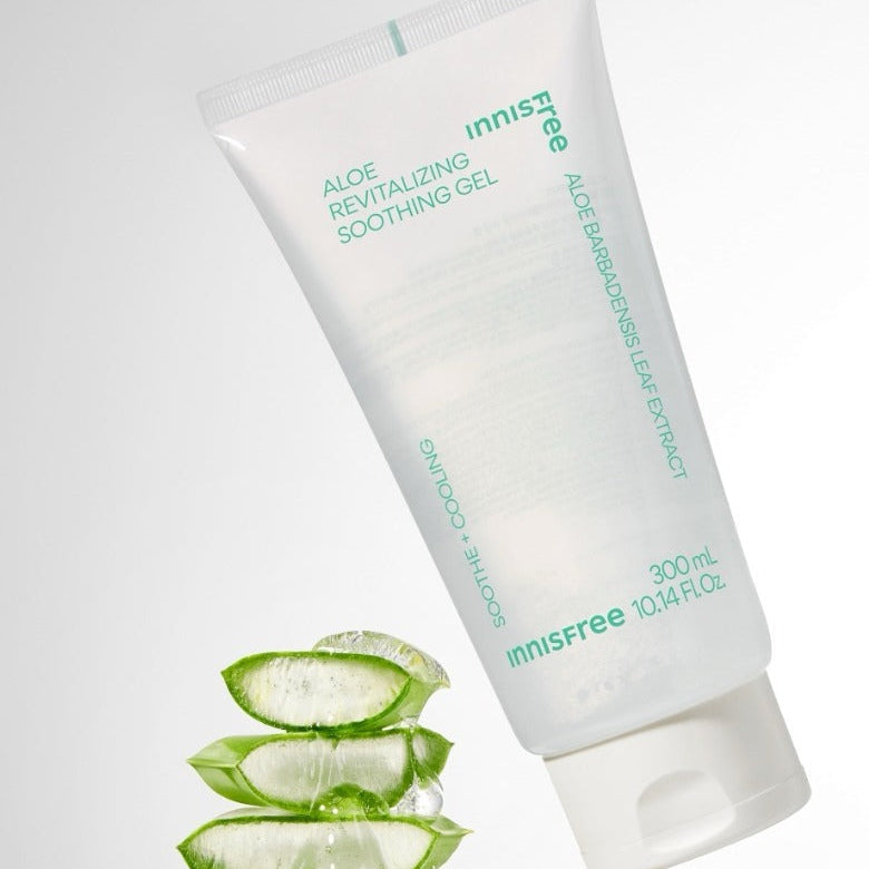 INNISFREE Aloe Revitalizing Soothing Gel 300ml tube with aloe slices, showcasing product packaging and natural ingredients.