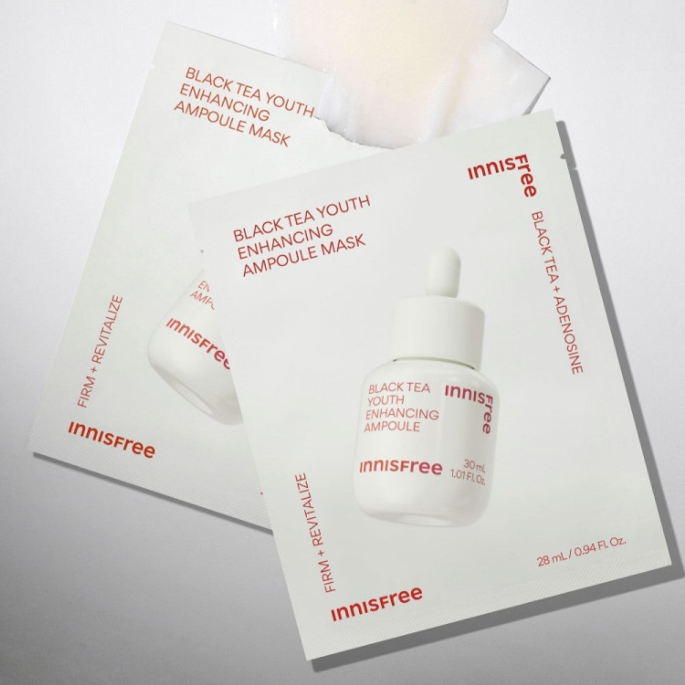 INNISFREE Black Tea Youth Enhancing Ampoule Mask packaging featuring product details and brand logo.
