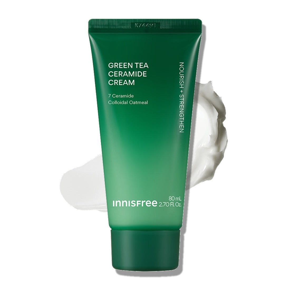 INNISFREE Green Tea Ceramide Cream 80ml (Tube) skincare product with green packaging, shown with cream texture in the background.