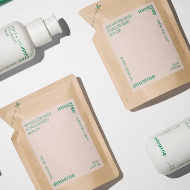 INNISFREE Green Tea Seed Hyaluronic Serum Special Set (Serum 80ml + Refill) packaging with bottles and refill packets