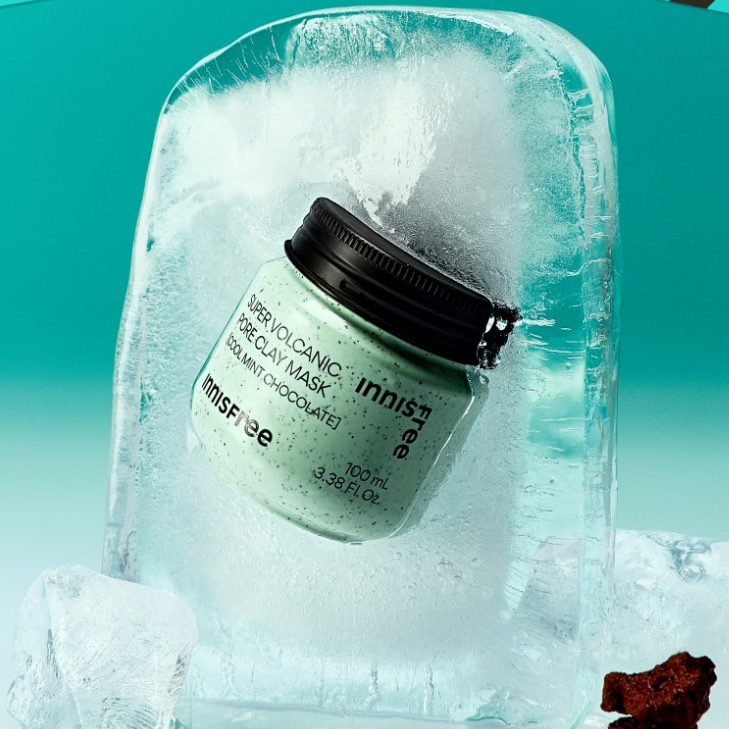 INNISFREE Super Volcanic Pore Clay Mask #Cool Mint Chocolate 100ml jar encased in ice for cooling effect