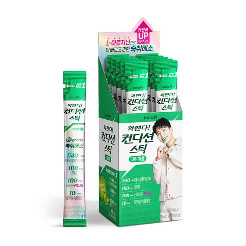 INNO.N Conditioner Stick x10 packaging showcasing gel anti gueule de bois sticks for pre-event consumption.