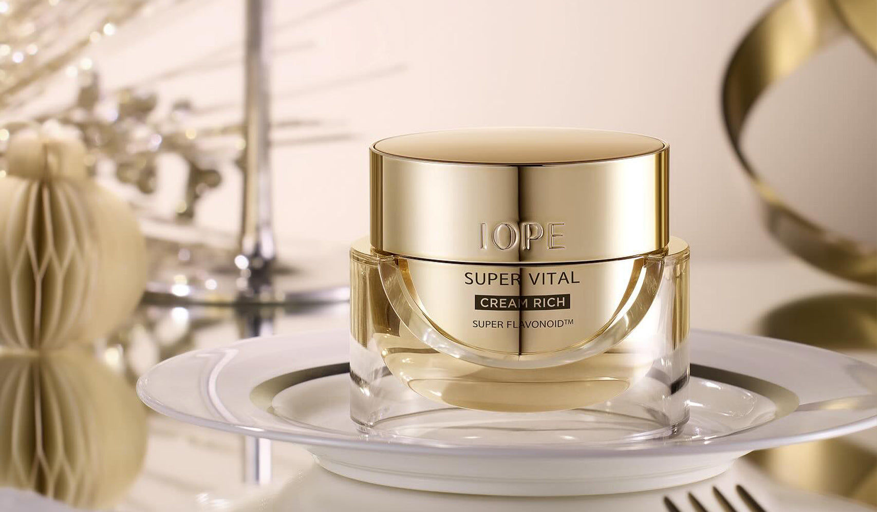 IOPE Super Vital Cream Rich on elegant plate with decorative background
