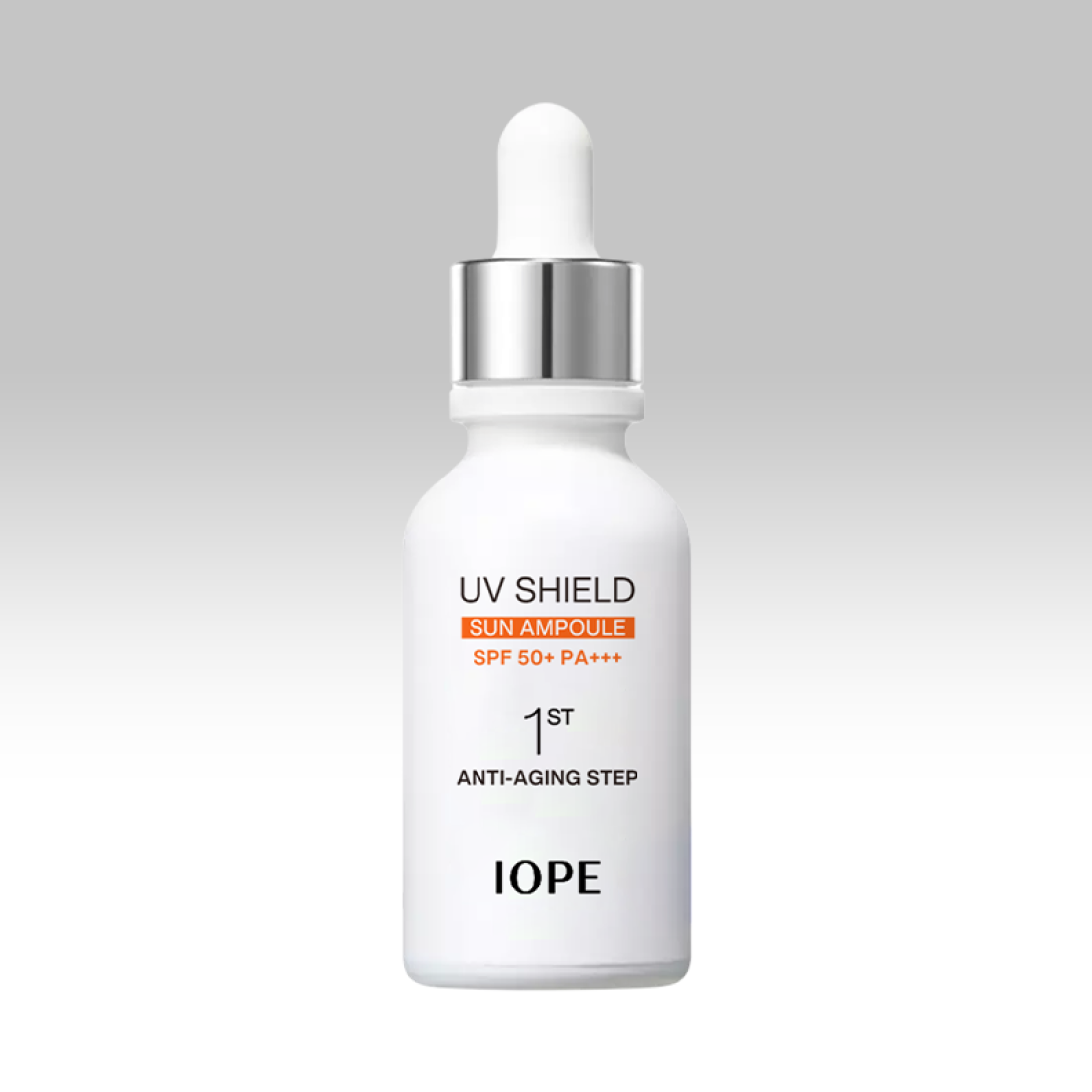 IOPE UV Sheild Sun Ampoule SPF 50+PA+++ 40ml bottle against a soft gray background.