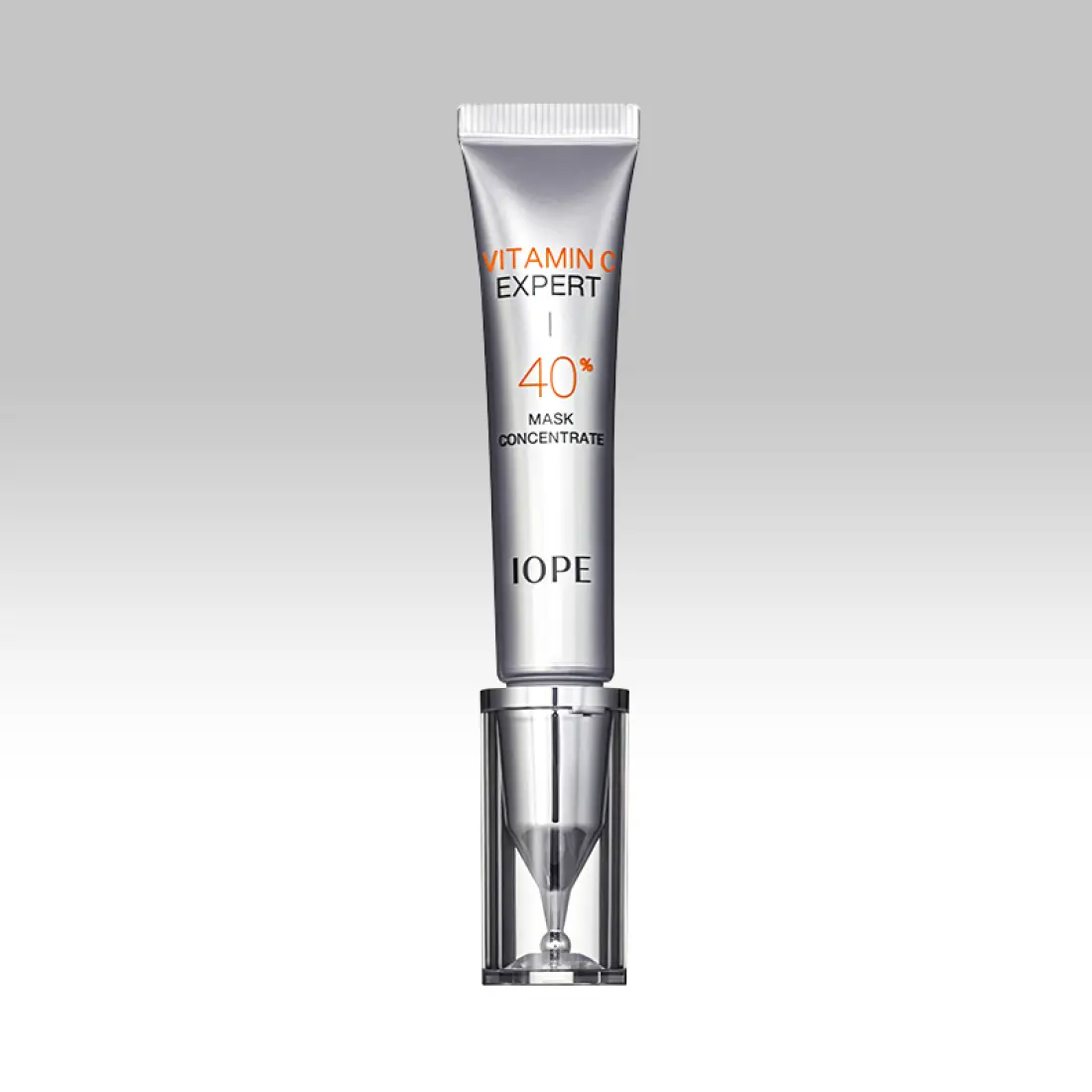 IOPE Vitamin C Expert 40% Mask Concentrate 15g in silver tube packaging on a gradient background