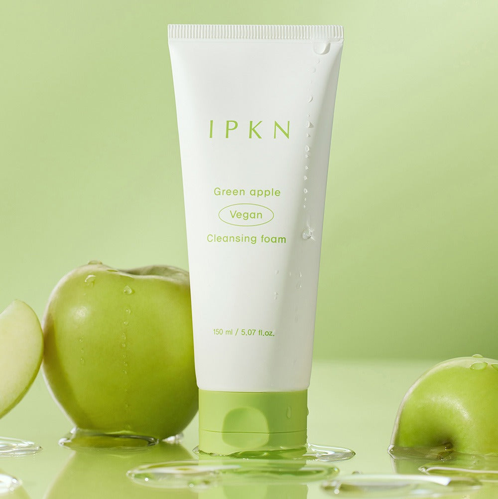 IPKN Green Apple Vegan Cleansing Foam 150ml tube with green apples in the background