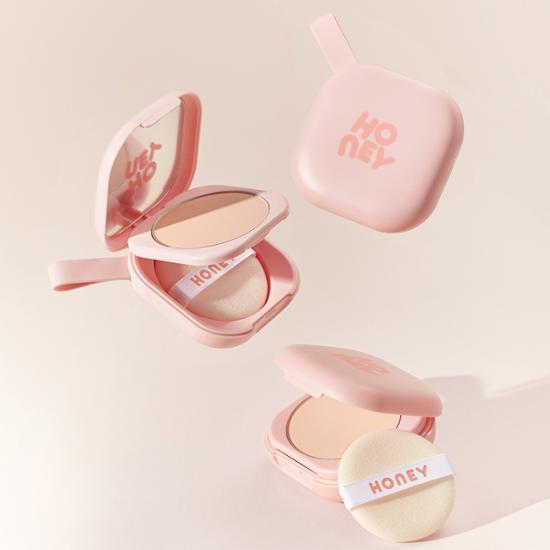 IPKN NU'EST Honey Pact 13.5g makeup compact with puff in pink packaging for flawless complexion.