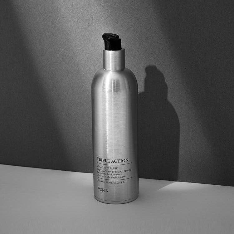 ISAKNOX Bonin Triple One Shot Fluid 180ml in brushed aluminum pump bottle for men skincare by Gentleman Korea