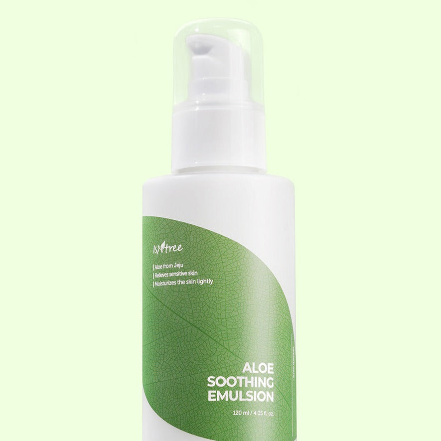 Bottle of ISNTREE Aloe Soothing Emulsion 120ml with green label and pump dispenser on light green background