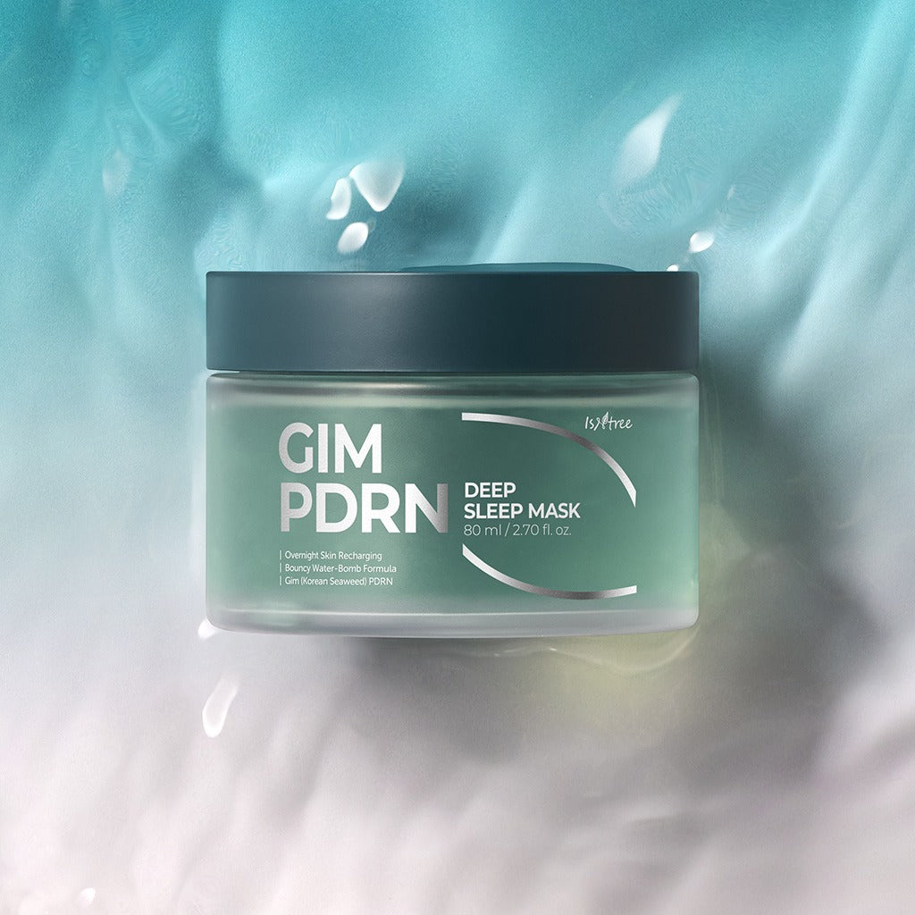 ISNTREE Gim PDRN Deep SLeep Mask 80ml product image on blue textured background.