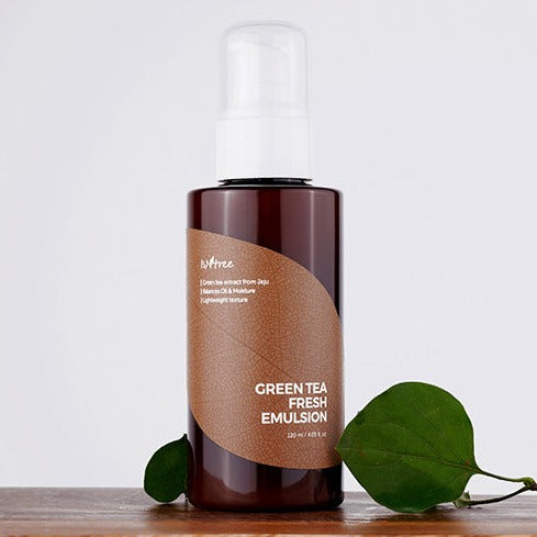 ISNTREE Green Tea Fresh Emulsion 120ml bottle with green leaves on white background