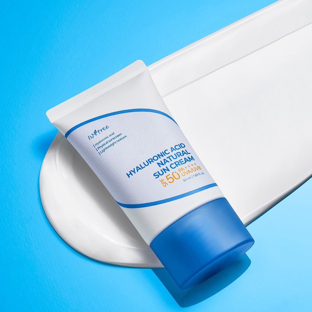 ISNTREE Hyaluronic Acid Batural Sunscreen 50ml tube on a blue and white background
