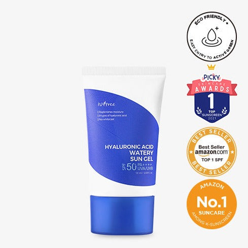 ISNTREE Hyaluronic Acid Watery Sun Gel SPF 50+ 50ml with awards and eco-friendly design