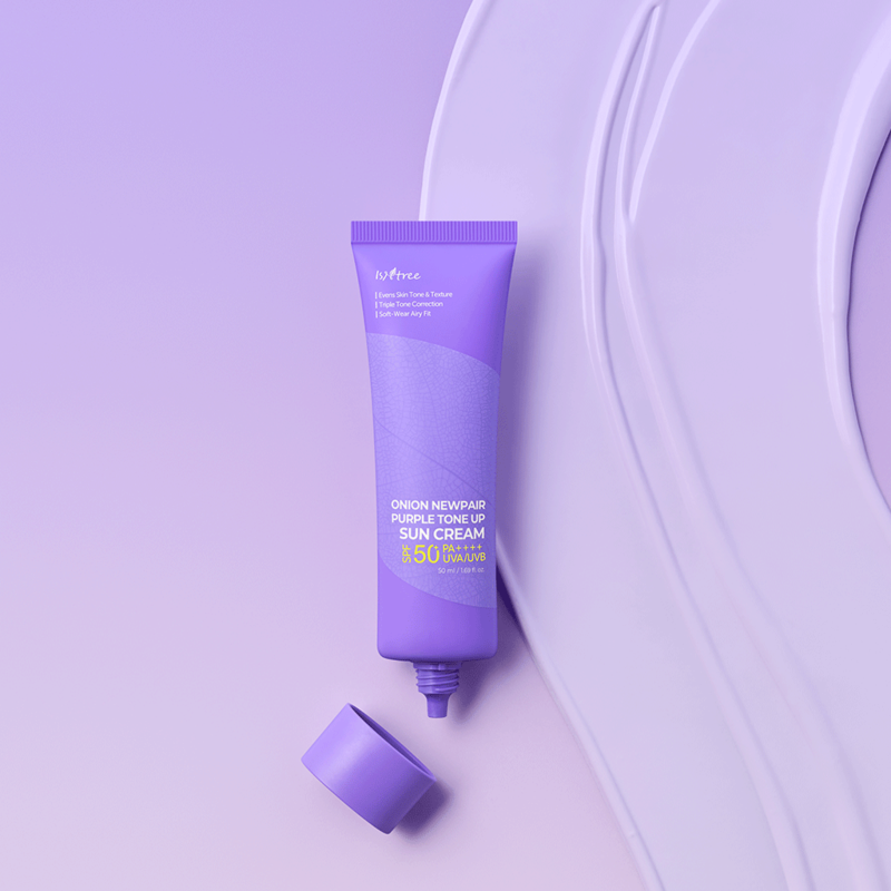ISNTREE Onion Newpair Purple Tone-Up Sunscreen 50ml displayed on a purple background, highlighting the tube and open cap.