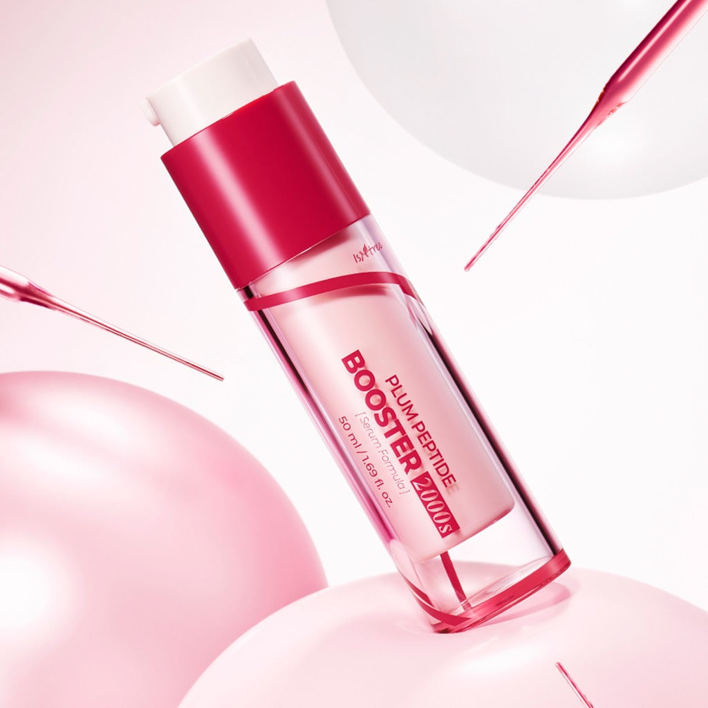 ISNTREE Plum Peptide Booster 2000s 50ml bottle displayed with pink background and droplets