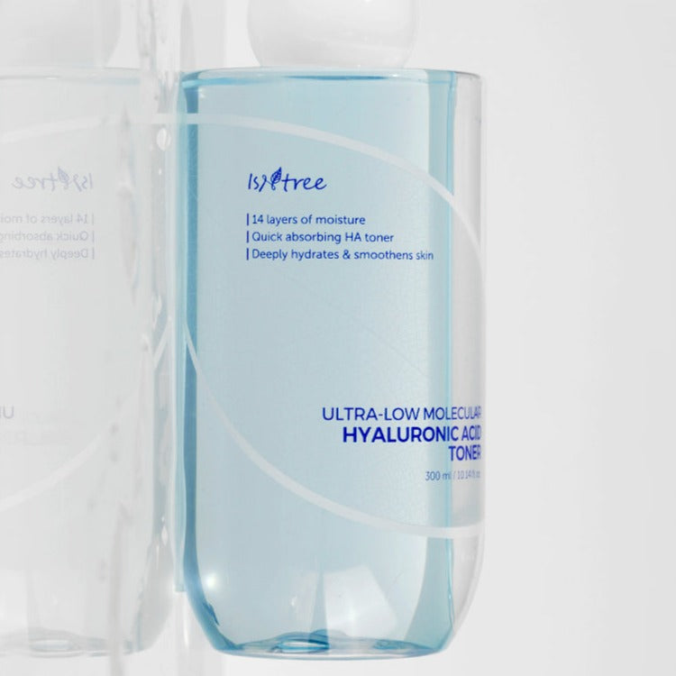 ISNTREE Ultra-Low Molecular Hyaluronic Acid Toner 300ml bottle in a clear background
