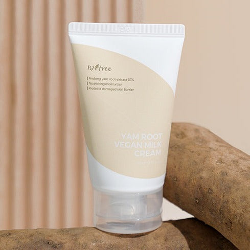 ISNTREE Yam Root Vegan Milk Cream 80ml on display, highlighting its nourishing formula.