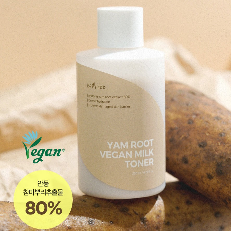 ISNTREE Yam Root Vegan Milk Toner 200ml bottle with yam roots and vegan label.