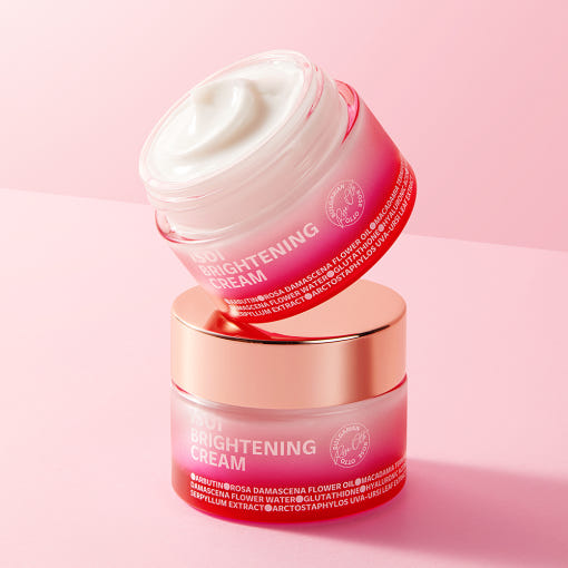 ISOI Brightening Cream 55ml jar open and closed on pink background