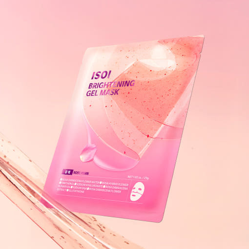 ISOI Brightening Gel Mask 29g 1 sheet, 5 pieces with pink packaging on a pink background
