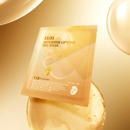 ISOI Intensive Lifting Gel Mask 29g 1 sheet, 5 pieces displayed on a golden background with skincare ingredients.