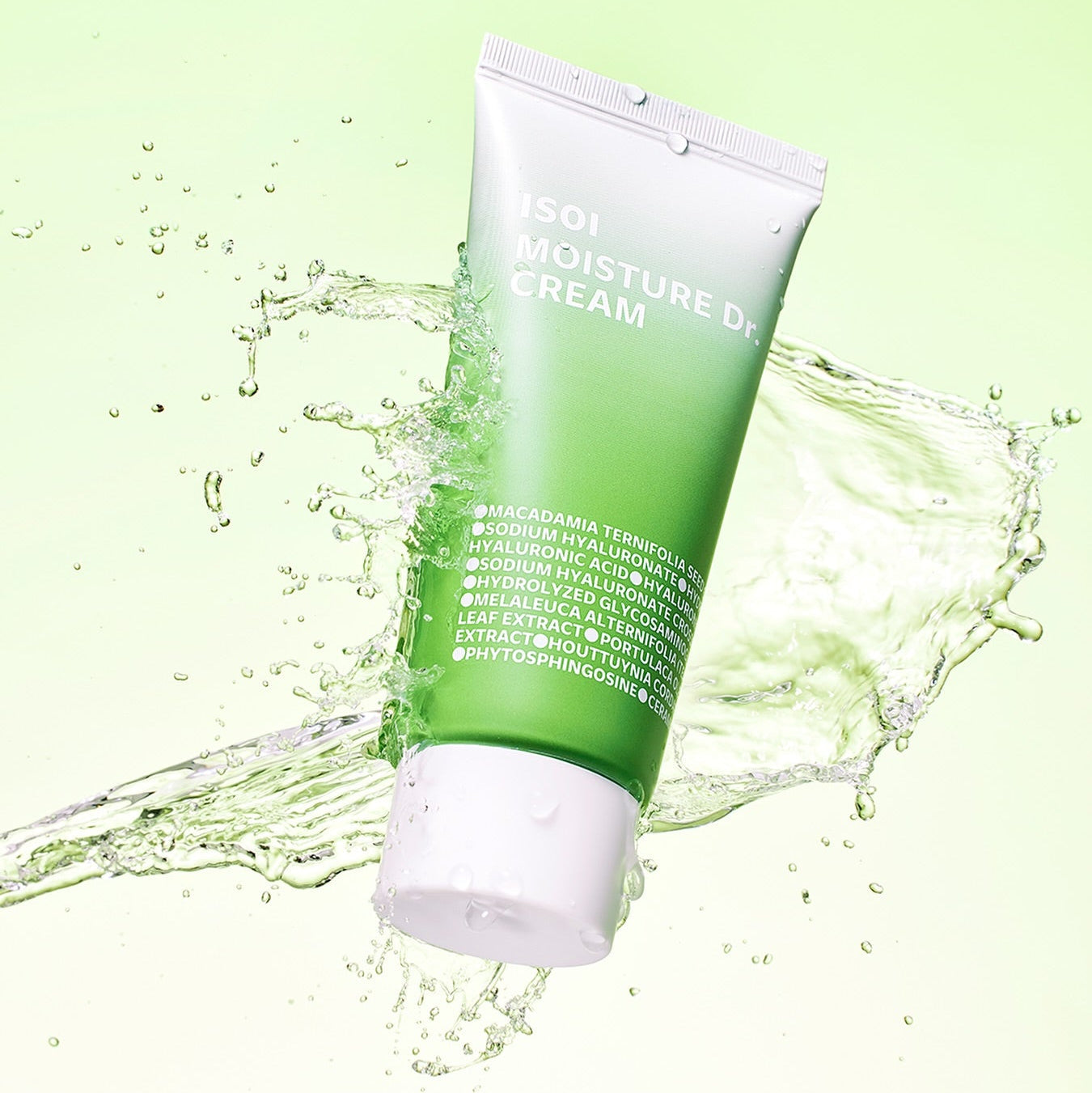 ISOI Moisture Cream 70ml moisturizing product with green packaging and splash effect.