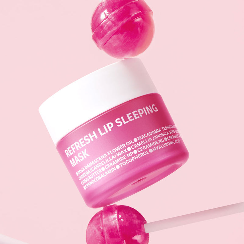 ISOI Refresh Lip Sleeping Mask 25g jar on a pink background with lollipop accents.