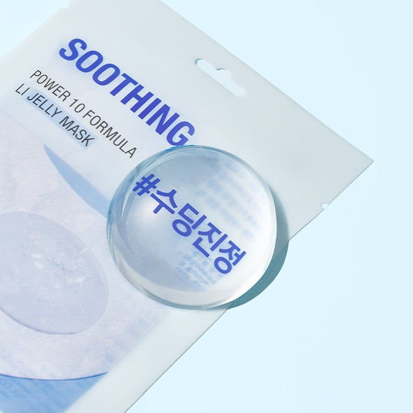IT'S SKIN Power 10 Licorice Julen Jelly Mask Pack showing soothing formula packaging with Korean text on a light blue background.