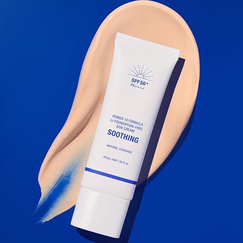 IT'S SKIN Power 10 Licorice Julen Padepree Sun Cream 45ml tube on a blue and beige background, showcasing soothing skincare product.