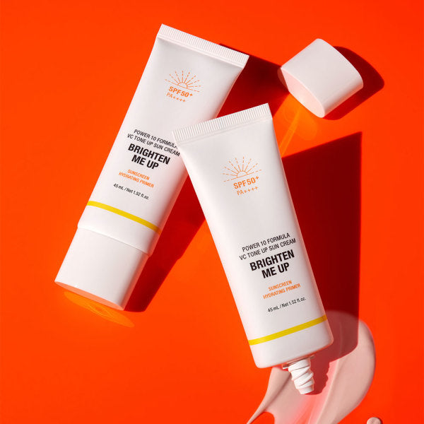 IT'S SKIN Power 10 VC Tone Up Sun Cream 45ml shown against a bright orange background with emphasis on SPF protection.