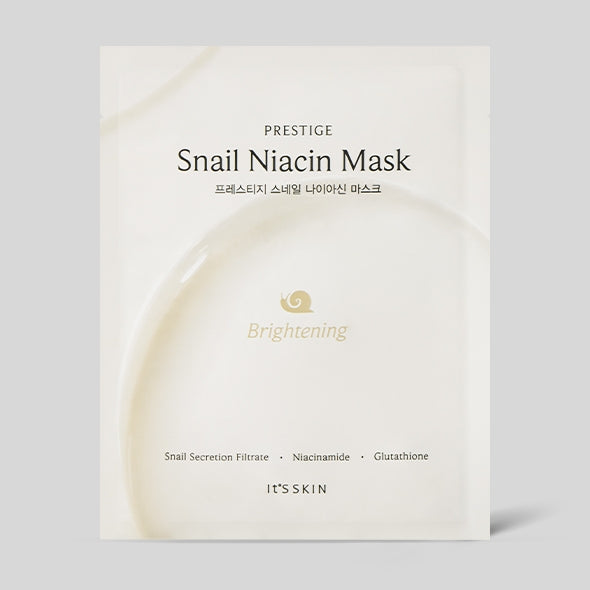 IT'S SKIN Prestige Snail Niacin Mask packaging with brightening benefits, featuring snail filtrate, niacinamide, and glutathione.