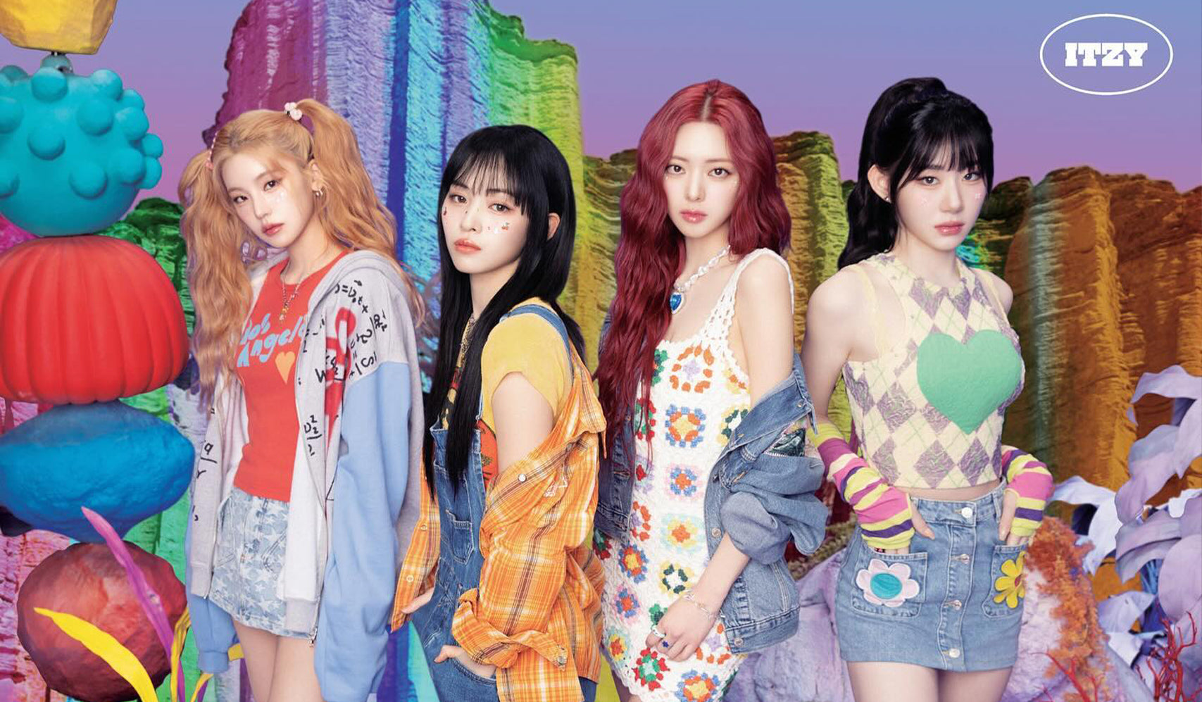 Four women posing in colorful outfits against a vibrant, abstract background.