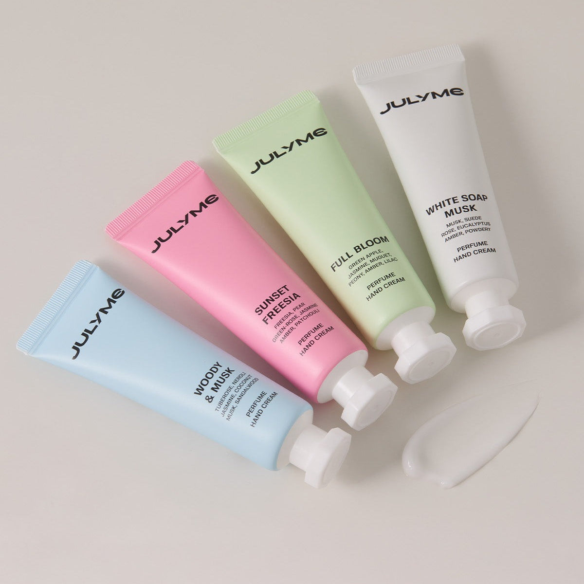 JULYME Perfume Shea Butter Hand Cream 30ml tubes in various scents displayed on a white background.