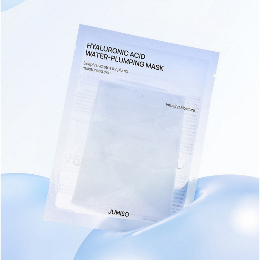 JUMISO Hyaluronic Acid Water Plumping Moisture Mask 27ml packaging on light blue background