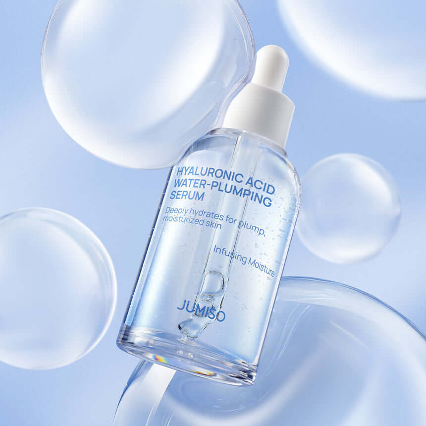 JUMISO Hyaluronic Acid Water Plumping Moisture Serumm in a clear bottle with blue background and hydration bubbles.