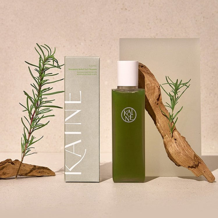KAINE Rosemary Relief Gel Cleanser 150ml with packaging and decorative rosemary branches.