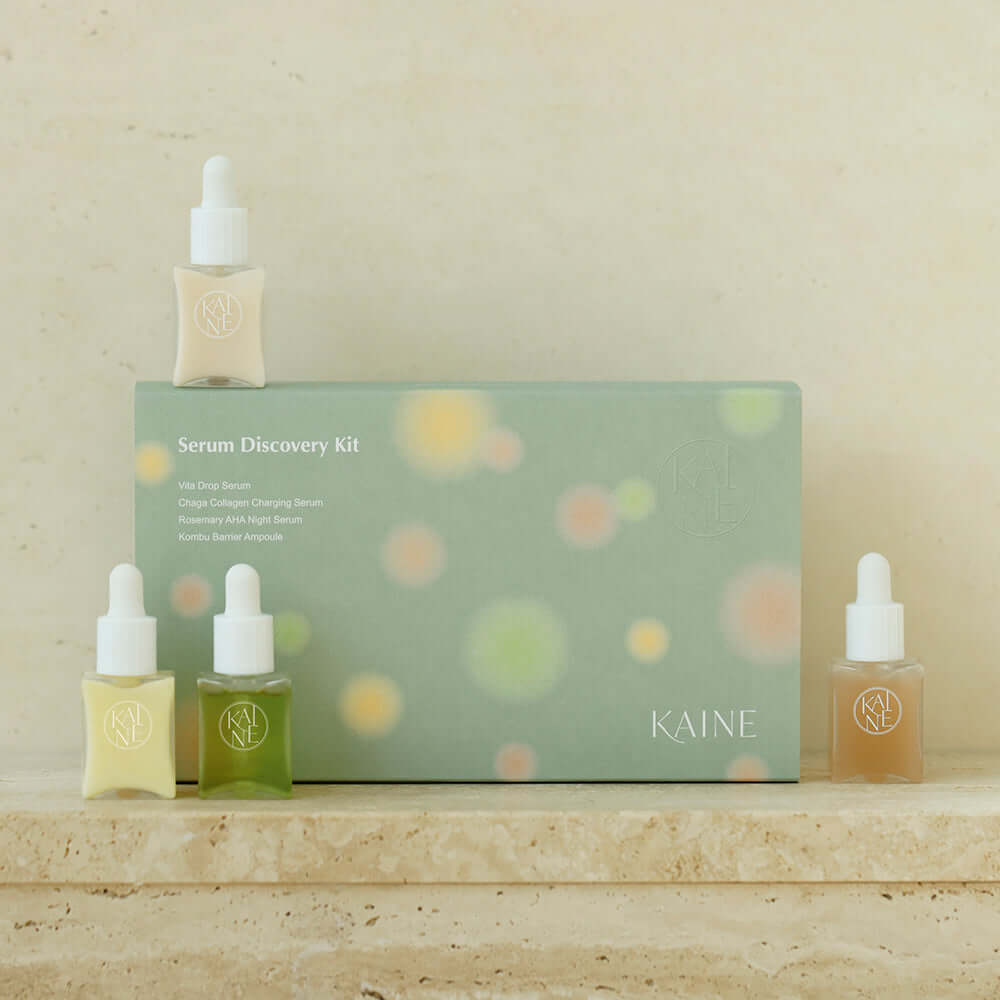 KAINE Serum Discovery Kit packaging with four serum bottles on a neutral background.