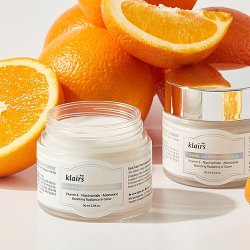 KLAIRS Freshly Juiced Vitamin E-Mask 90ml with oranges showcasing skincare benefits
