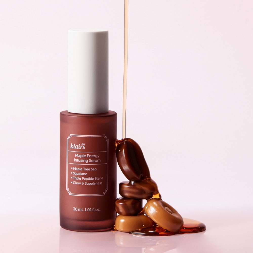 KLAIRS Maple Energy Infusing Serum 30ml bottle with maple sap and core ingredients showcasing benefits and hydration.