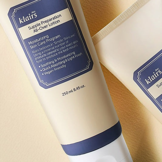 KLAIRS Supple Preparation All Over Lotion 250ml tube on beige background showcasing moisturizing features and benefits.