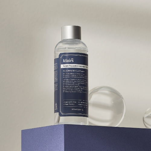 KLAIRS Supple Preparation Unscented Toner 180ml bottle on a shelf for skincare routine