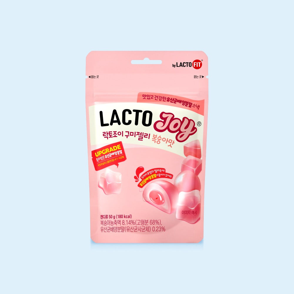 Pack of LACTO-FIT Probiotics Gummy Jelly Peach Flavor 5 Packs 250g displayed against a light blue background