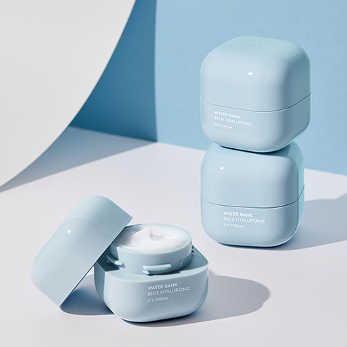 LANEIGE Water Bank Blue Hyaluronic Eye Cream 25ml jars with open lid showing cream texture