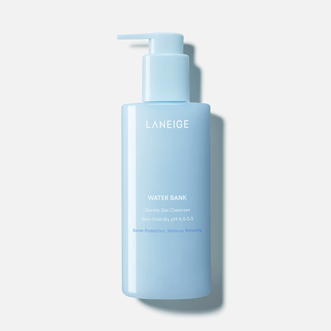 LANEIGE Water Bank Gentle Gel Cleanser 250ml bottle with pump, light blue packaging, skin-friendly facial cleanser for all skin types.