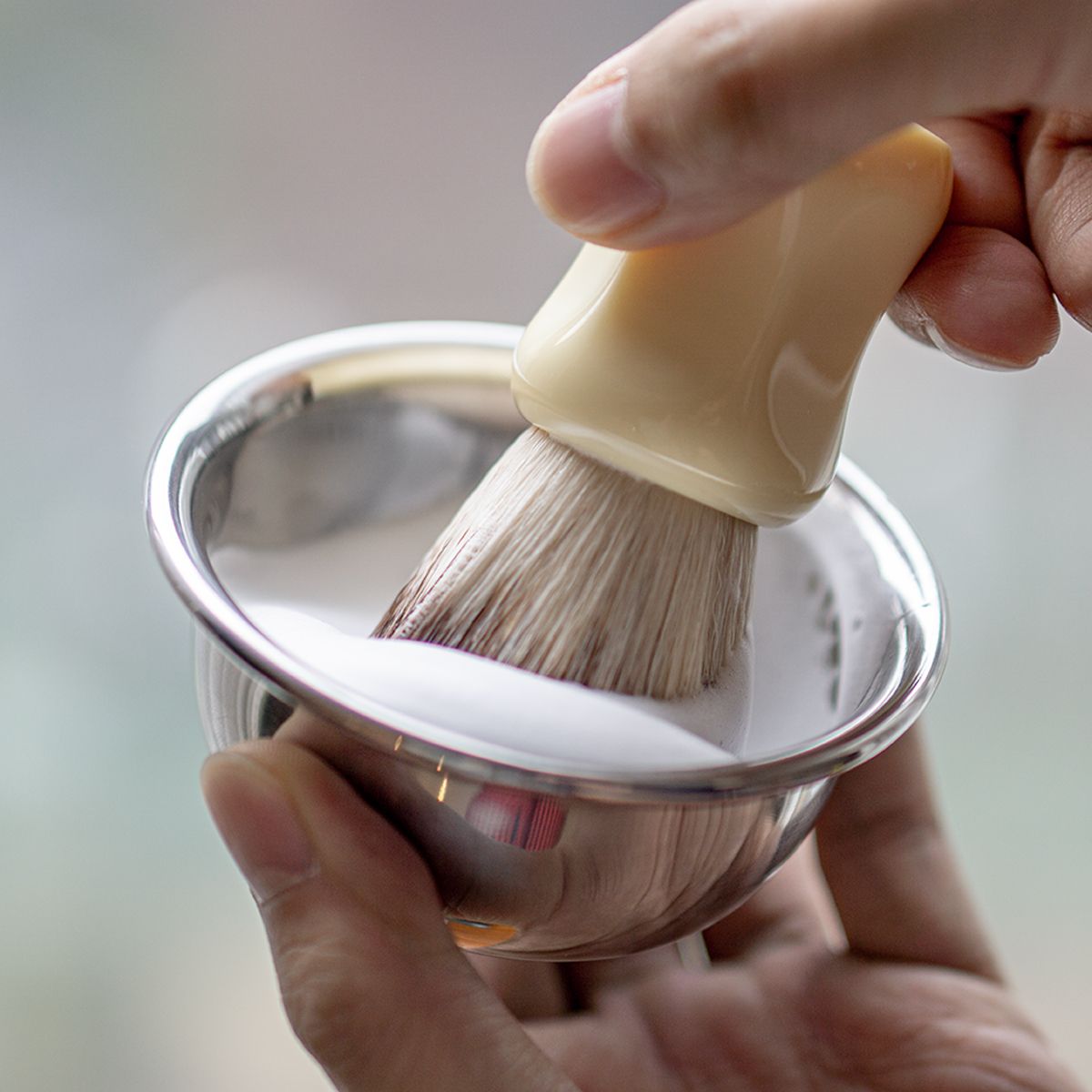 LAZY SOCIETY Classic Shaving Brush: Gentleman Korea product showing brush lathering shaving soap in stainless bowl for classic wet shave